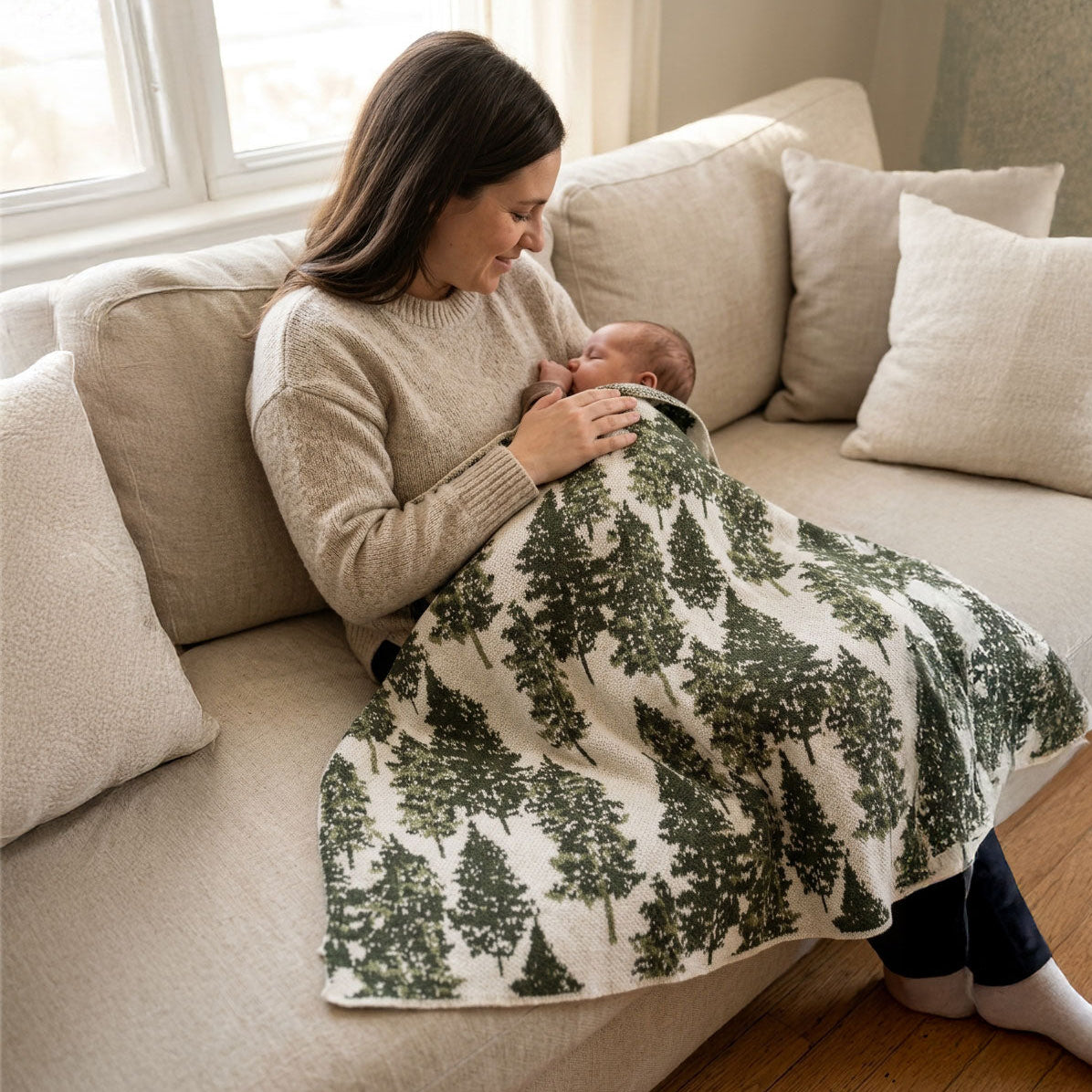 Woman breastfeeding a baby wrapped in a green tree-patterned blanket on a beige couch.