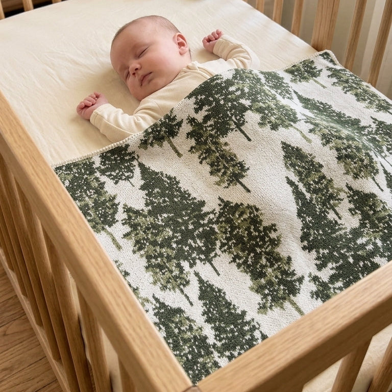 Baby lying in a crib with a forest-patterned blanket and a teddy bear.