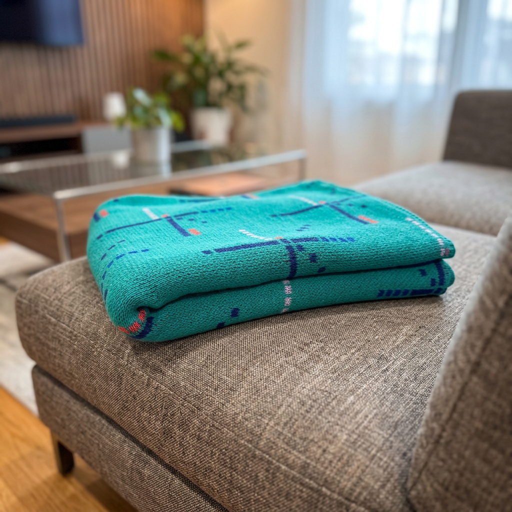 A folded teal throw blanket with a blue and orange geometric pattern rests on the arm of a gray upholstered sofa in a living room setting. Inspired by the PDX Carpet.