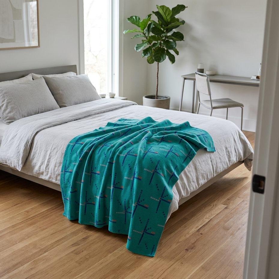 A teal throw blanket with a red and blue geometric cross pattern is draped over a neatly made bed in a bright, modern bedroom with light wood floors and a large green plant. Inspired by the PDX Carpet.