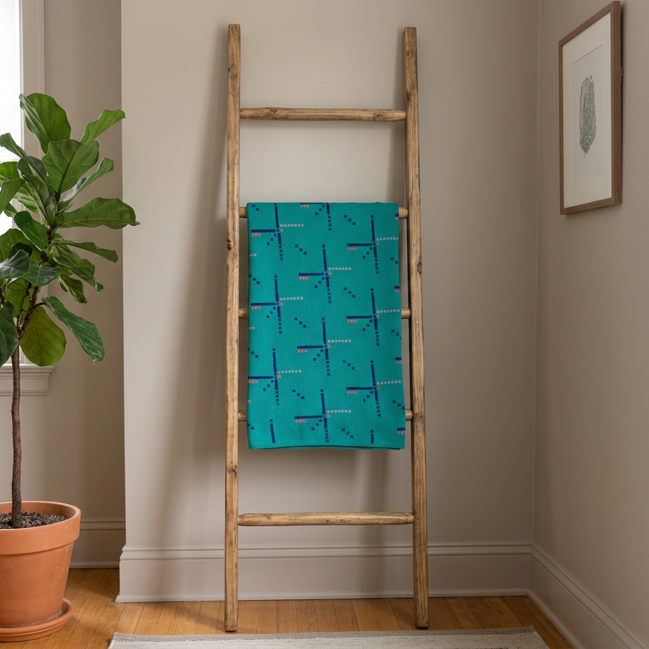 A teal throw blanket with a navy and white geometric cross pattern is draped over a rustic wooden ladder in a styled room corner with a potted fiddle-leaf fig plant and a framed print on the wall. Inspired by the PDX Carpet.