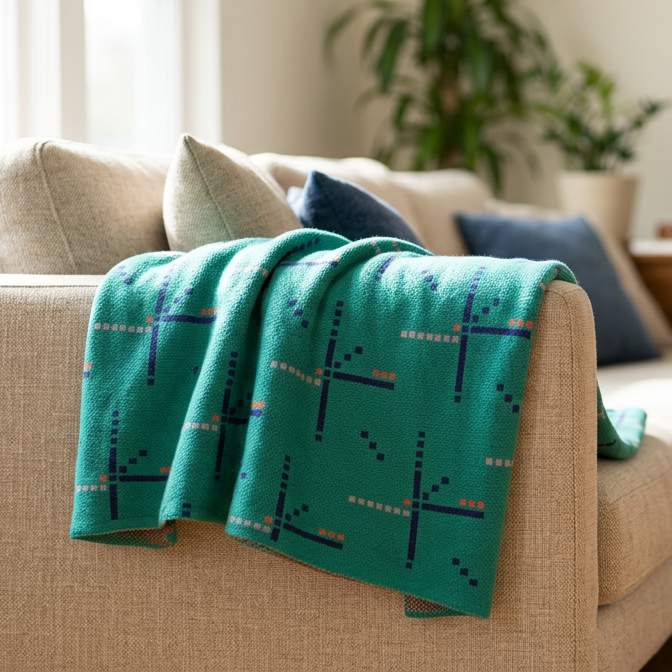 A teal throw blanket with a geometric cross pattern draped over a beige sectional sofa in a bright, modern living room. Inspired by the PDX Carpet.
