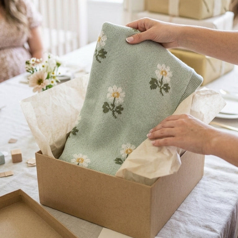 Person holding a floral towel over a box on a table with gift boxes in the background.