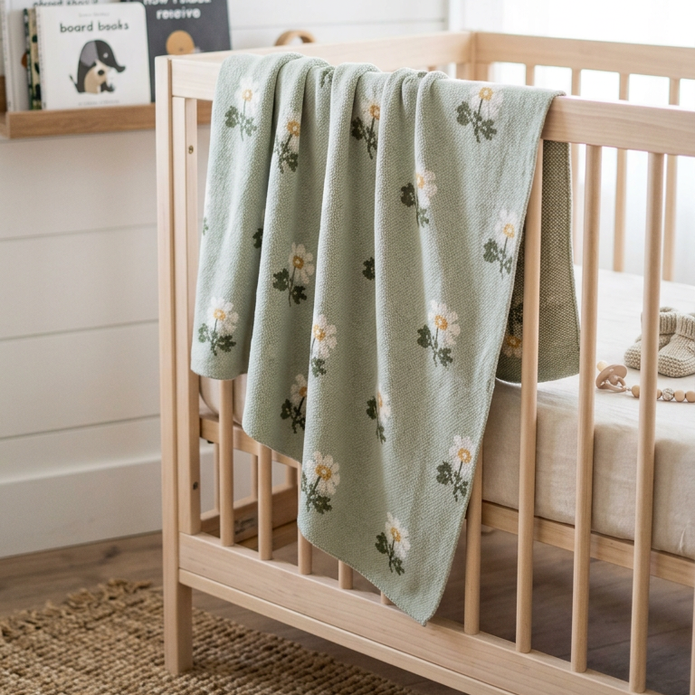 Nursery room with wooden crib and floral blanket