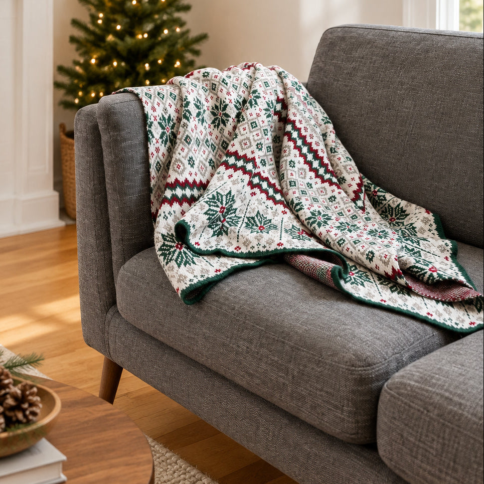A gray upholstered sofa in a real room with wood flooring and off-white walls, with a nordic-inspired holiday throw blanket draped over the seat.