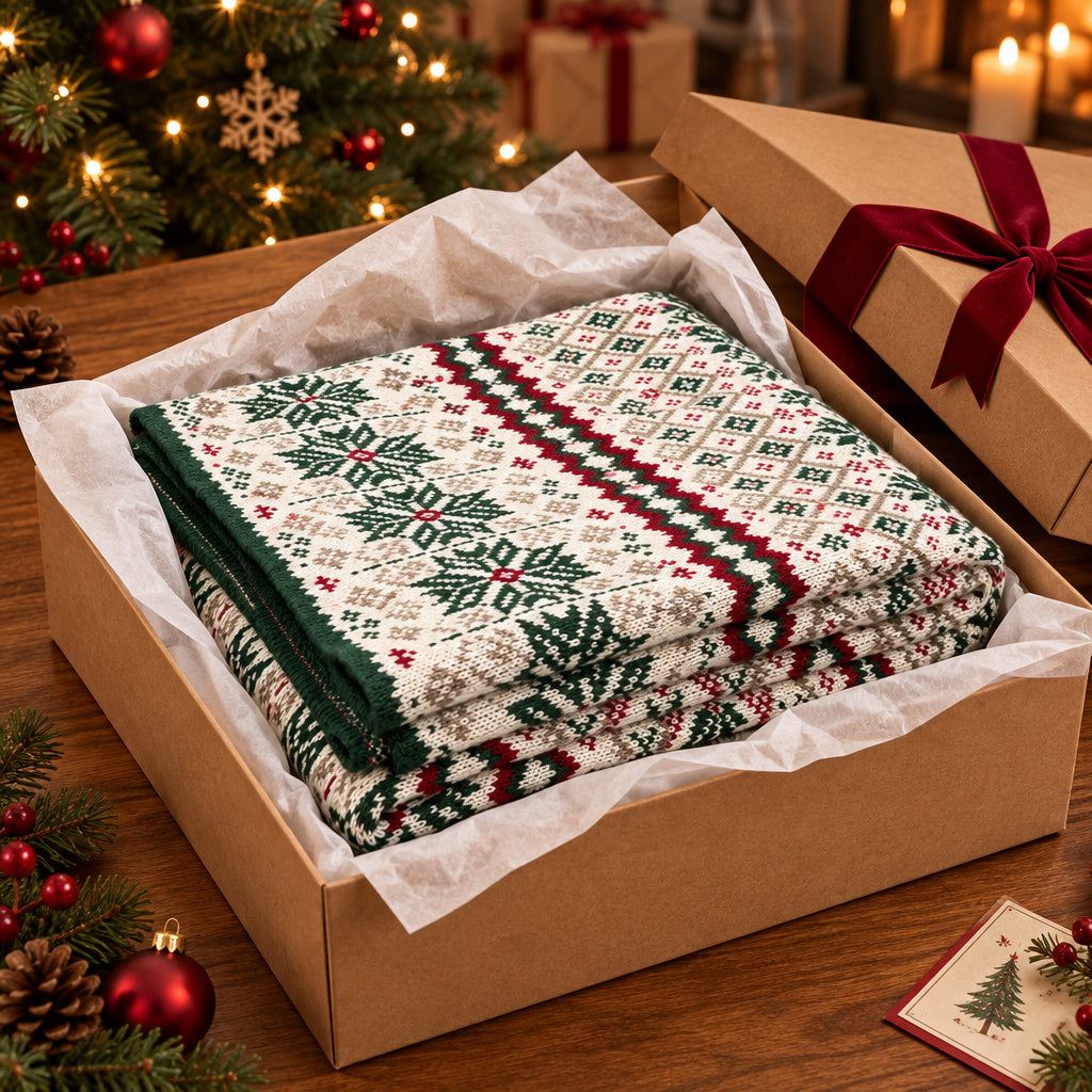 A folded nordic knit christmas/holiday blanket in green, red, and white.
