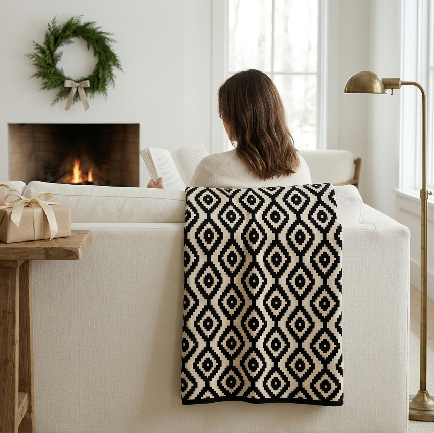 A woman sits on a white sofa facing a fireplace, with a black and cream geometric patterned throw blanket draped over the arm. A wooden side table with wrapped gifts and a green plant sits to the left, and a brass floor lamp stands on the right in a bright, modern living room.